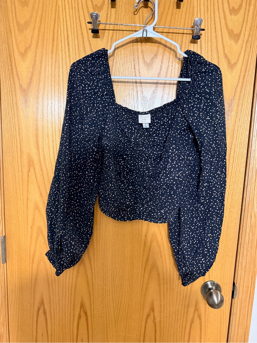 a new day black Square-Neck Dot Puff-Sleeve Blouse
